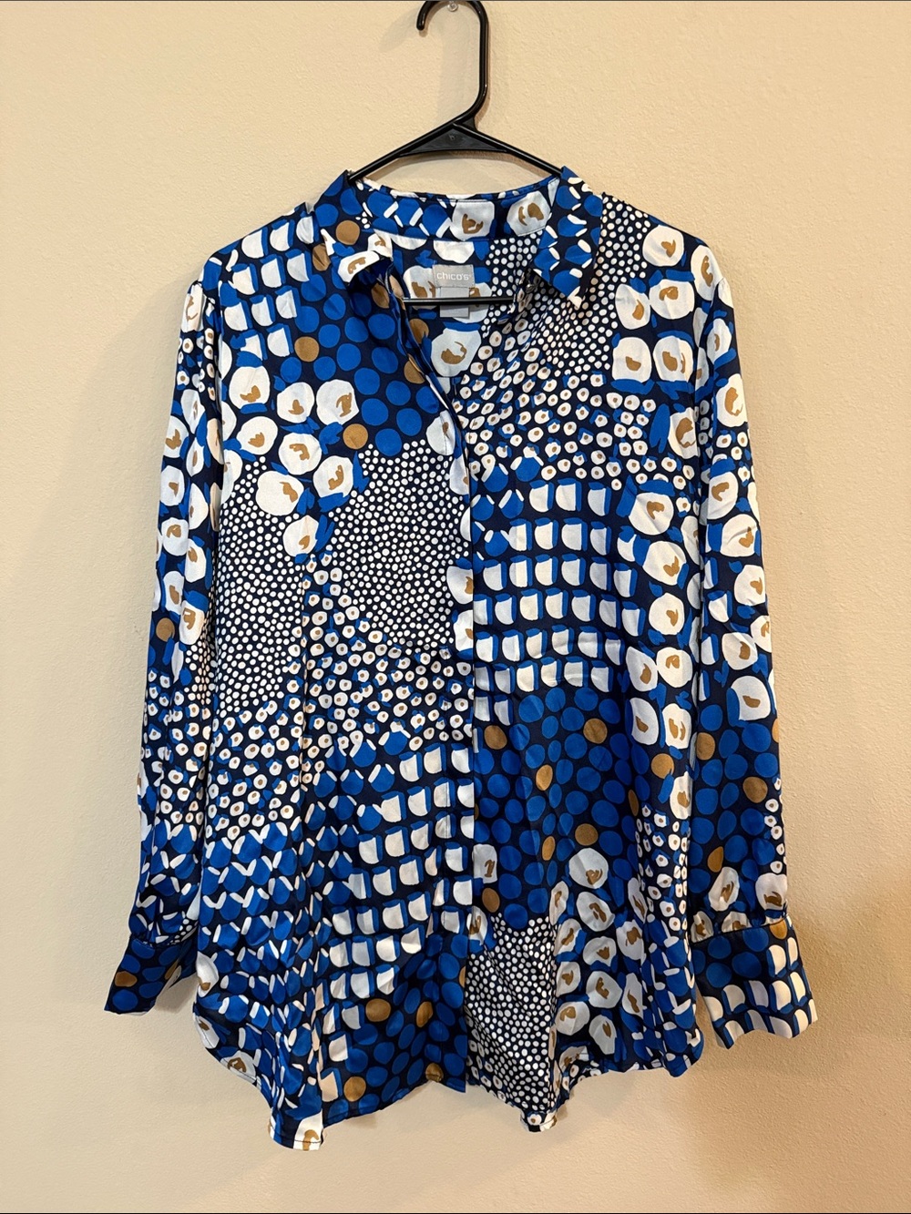 Chico's Blue White and Gold Abstract Patchwork Button-Front Top